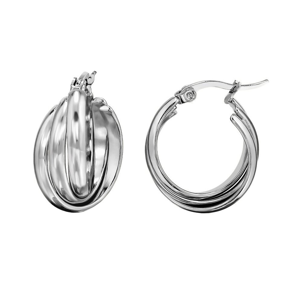 Triple Silver Hoop Earrings – 20mm Layered 316L Stainless Steel Crossover Hoops